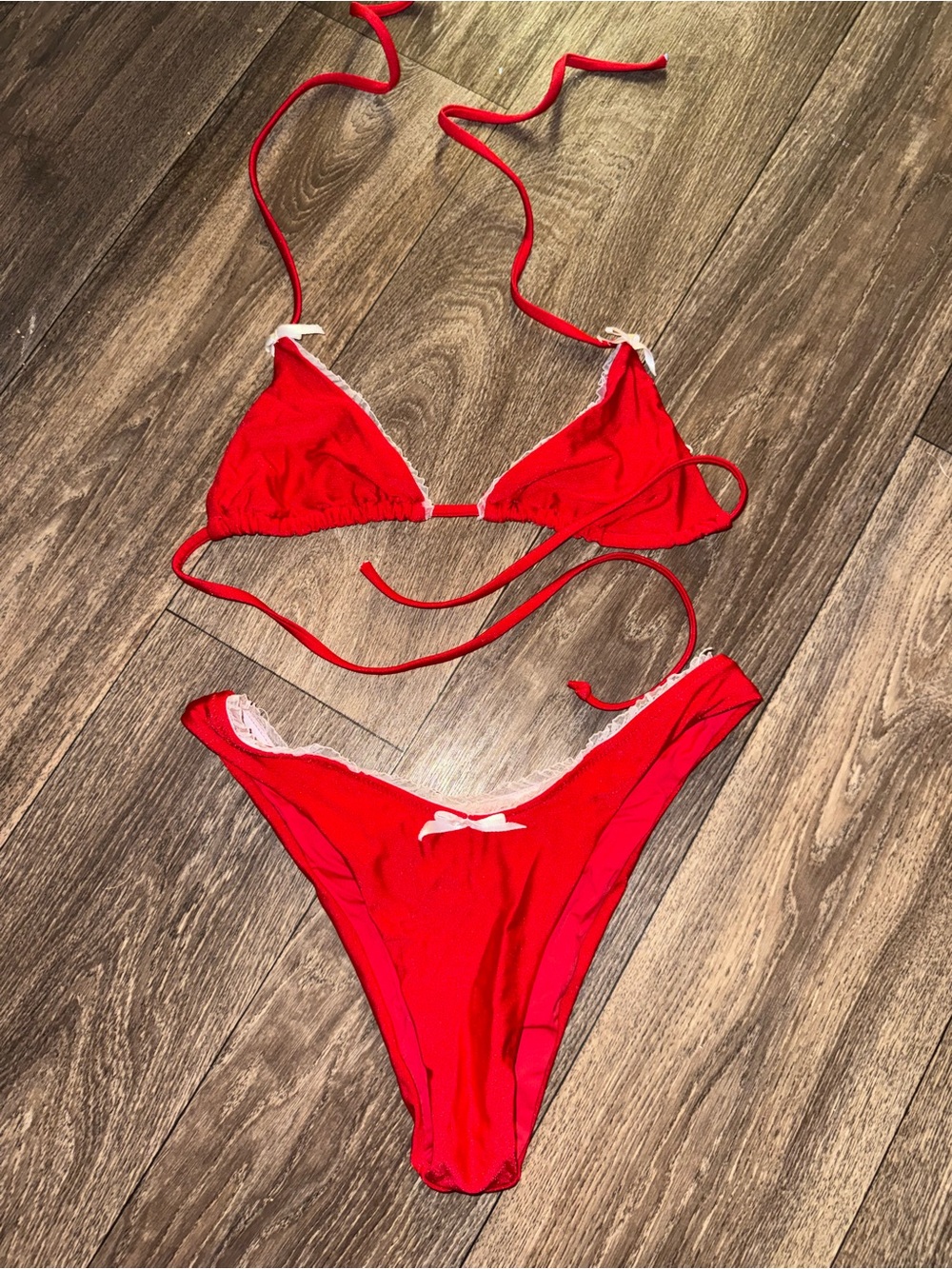 Red Lace-Trim Triangle Bikini Set - Women Swim Bikinis